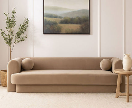 Foxo Retro Sofa, 2 Accent Pillows, Padded Camel Brown Velvet, 99 Inch