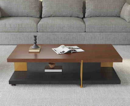 Rectangular Coffee Table with Dual-Tone Wood and Stone Base Modern Minimalist Design with Gold Metal Accents