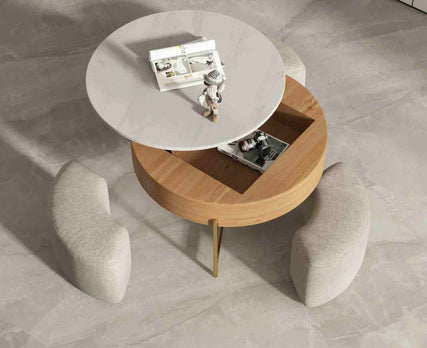 Lift Top Coffee Table with Stools, Round Coffee Table with Hidden Storage Compartment for Living Room, Home, Office (White)