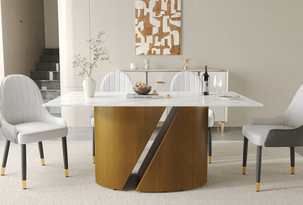 Modern Faux Marble Dining Table for 8, White Carrara Sintered Stone Top Dining Table, Rectangle Dining Table with Unique Metal Pedestal Table for Dining Room, Kitchen and Living Room
