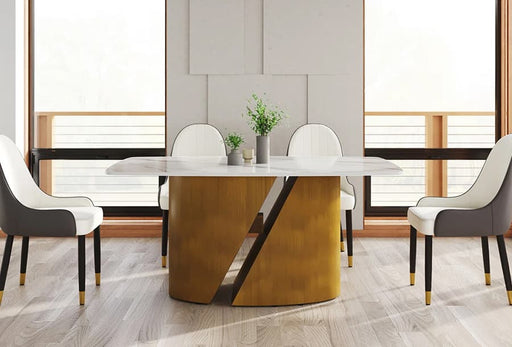 Modern Faux Marble Dining Table for 8, White Carrara Sintered Stone Top Dining Table, Rectangle Dining Table with Unique Metal Pedestal Table for Dining Room, Kitchen and Living Room