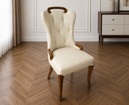 Elegant Tufted Wingback High Back Dining Chair Cream Leather Sillas De Comedor With Wood Legs