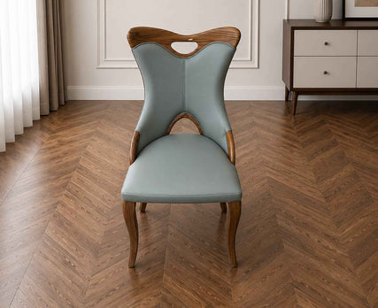 Elegant Contoured Walnut Wood Frame Dining Chair Sage Blue Leather Padded Seat With Curved Back