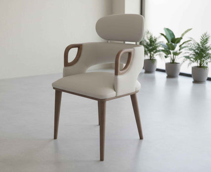 Elegant Mid-Century Modern Upholstered Dining Armchair With Sculpted Wood Accents