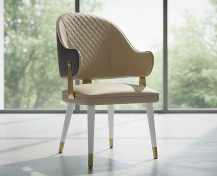 Premium Nordic Designer Quilted Leather Armchair Gold Accents Luxury Dining Chair