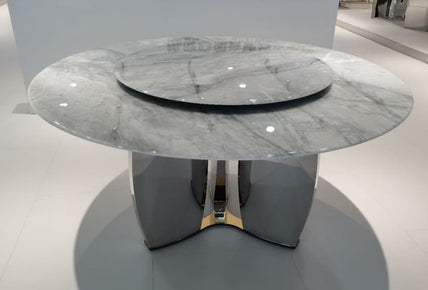 Modern Luxury Marble Top Round Dining Table – Polished Chrome Base with Integrated Lazy Susan, Minimalist Architectural Design