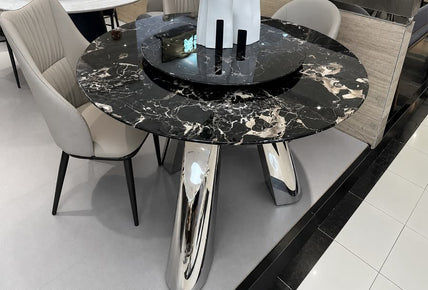 Refined Modern Italian Round Dining Table – Nero Marquina Marble with Polished Chrome Pedestal, Contemporary Minimalist Design
