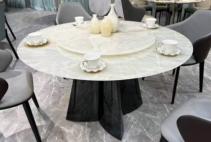 Sophisticated Modern Round Dining Table – Onyx Stone with Sculpted Pedestal Base, Luxury Interior Design