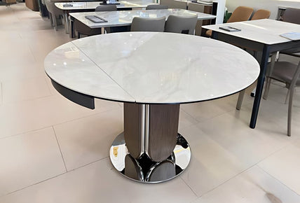 Refined Modern Round Dining Table – Marble Top with Wood Pedestal Base, Minimalist Luxury Home Interior Design