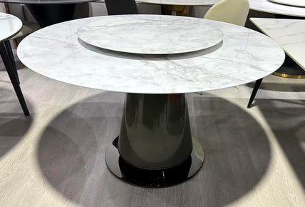 Elegant Modern Pedestal Marble Round Dining Table With Integrated Lazy Susan Revolving Center Top