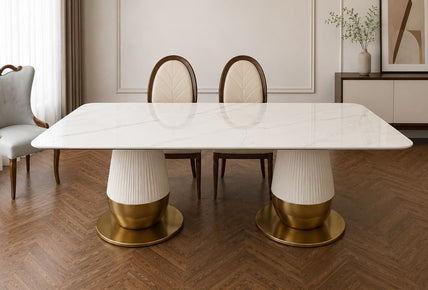 Luxury Modern Marble Top Dining Table With Gold Pedestal Base For Home Villa