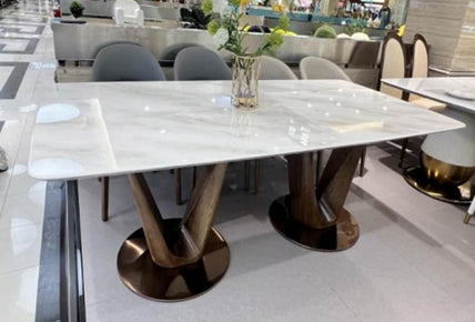 Modern Luxury Marble Top Rectangular Dining Table With Walnut V Pedestal Bases