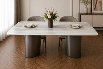 Elegant Minimalist Marble Top Rectangular Dining Table With Modern Metal Base