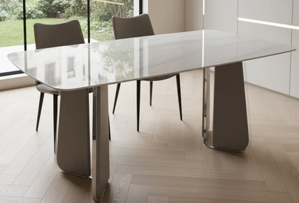 Elegant Minimalist White Sintered Stone Top Dining Table with Polished Chrome Pedestal Base