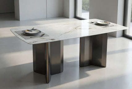 Luxury Modern Marble Top Rectangle Dining Table Stainless Steel Pedestal Base Metal Leg