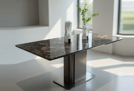 Luxury Modern Marble Top Rectangle Dining Room Table Polished Stainless Steel Base