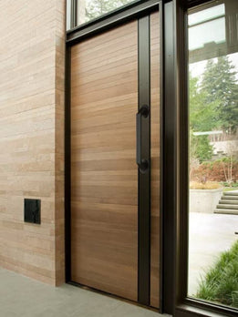 Sleek Designer Hardwood Entry Door Featuring Long Black Pull Handle