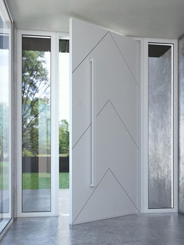 Modern Architectural White Entry Door Featuring Unique Zigzag Pattern