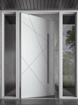 Modern White Pivot Entry Door with Distinctive Chevron Grooved Design