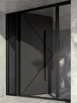 Sleek Black Pivot Door with Asymmetrical Geometric Line Details