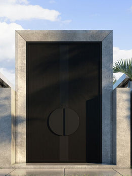Bold Modern Black Pivot Door with Ribbed Texture and Circular Handle