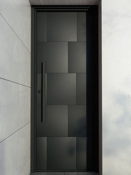 Designer Matte Black Pivot Door with Flush Panels and Long Vertical Handle