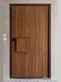 Modern Vertical Plank Wood Pivot Door with Distinctive Floating Handle Block