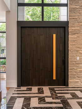 Luxurious Modern Wood Pivot Door with Abstract Textured Design and Gold Accent