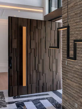 Luxurious Modern Wood Pivot Door with Abstract Textured Design and Gold Accent