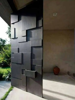 Grand Modern Dark Finish Pivot Door with Bold Textured Block Details