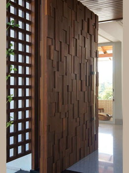 Luxurious Modern Wood Pivot Door with Irregular Textured Facade and Depth
