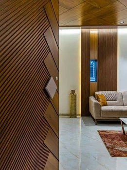 Contemporary Fluted Wood Pivot Entry Door with Unique Diagonal Line Details