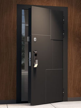 Modern Dark Gray Security Door with Asymmetrical Panel Design and Smart Lock