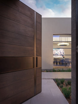 Modern Luxury Dark Wood Entrance Pivot Door With Metal Inlay