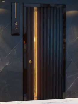 Sleek Designer Black Timber Pivot Door With Premium Gold Hardware