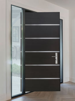 Minimalist Large Format Pivot Door With Elegant Modern Silver Hardware