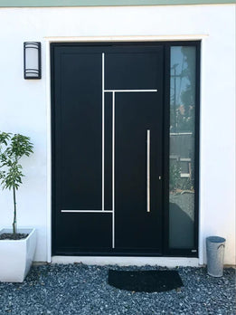 Modern Matte Black Pivot Door With Geometric Silver Inlay Design