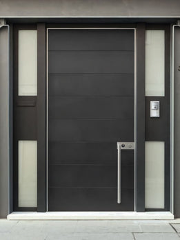 Contemporary Luxury Entrance Pivot Door Featuring Dual Glass Sidelights