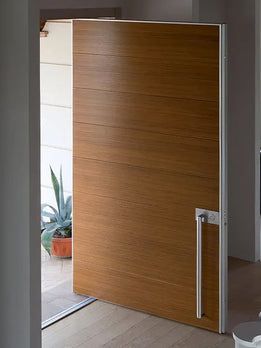 Premium Custom Hardwood Pivot Door With Minimalist Brushed Metal Accents