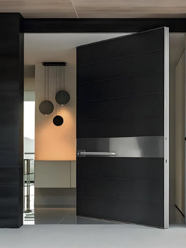 Modern Matte Black Pivot Door With Brushed Silver Inlay