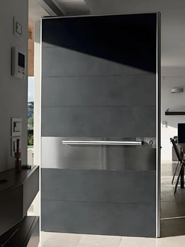 Modern Matte Black Pivot Door With Brushed Silver Inlay