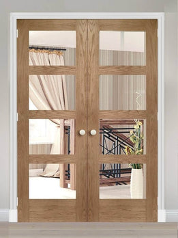 Architectural Designer Wooden Double Door Featuring Sleek Four Pane Glass