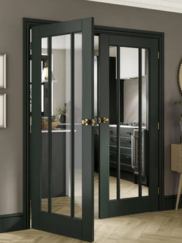 Minimalist Green Double Door Featuring Three Pane Glass For Light