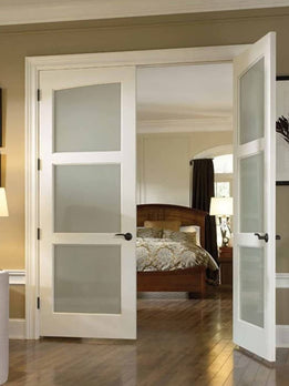 Classic Timber Double Door With Translucent Glass For Privacy And Light