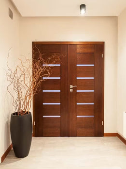 Classic Hardwood Double Door With Translucent Glass Strips For Light
