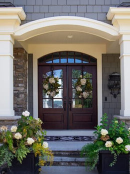 Elegant Arched Top Double Door With Integrated Decorative Glass Lites