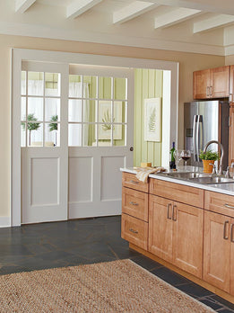 Traditional White Wood Glass Panel Double Leaf Pocket Door