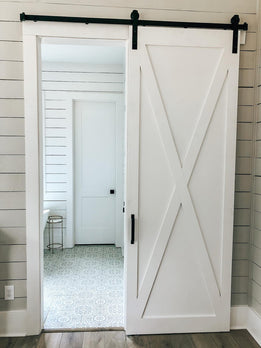 Modern White Farmhouse Sliding Barn Door with Black Hardware Track