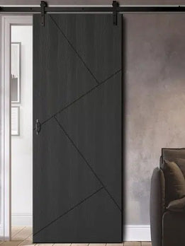 Contemporary Dark Wood Grain Interior Sliding Door with Black Hardware