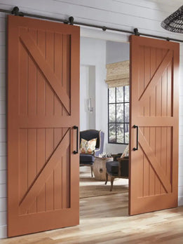 Rustic K-Frame Burnt Orange Interior Double Sliding Barn Style Doors